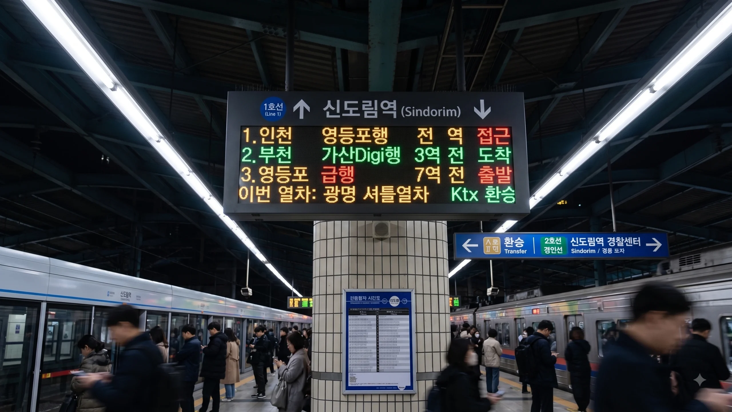 Busy Korean subway platform with digital signage