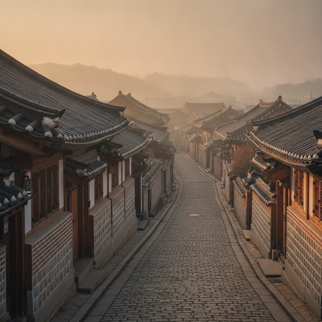 Misty morning over traditional tiled roofs in Bukchon Hanok Village