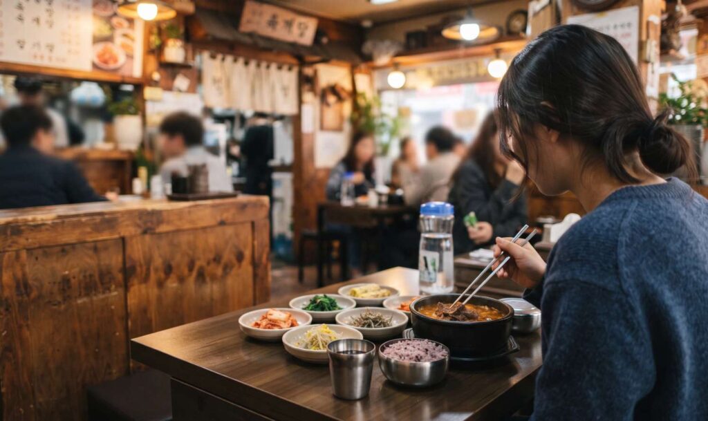 A single bowl of steaming Korean noodles and side dishes on a restaurant counter seat.