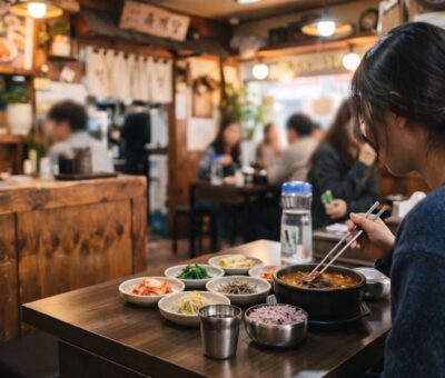 A single bowl of steaming Korean noodles and side dishes on a restaurant counter seat.
