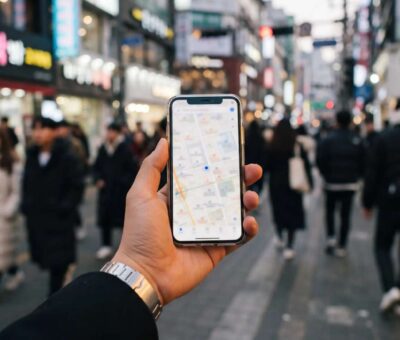 Person using a map app on a smartphone on a Seoul street