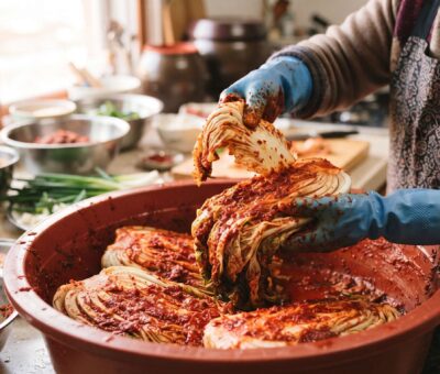 Hands spreading red seasoning paste onto salted cabbage leaves for gimjang