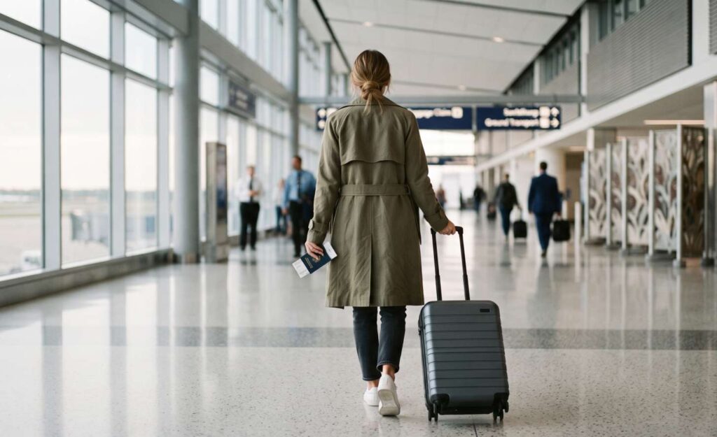 Travelers walking through Incheon Airport arrivals hall
