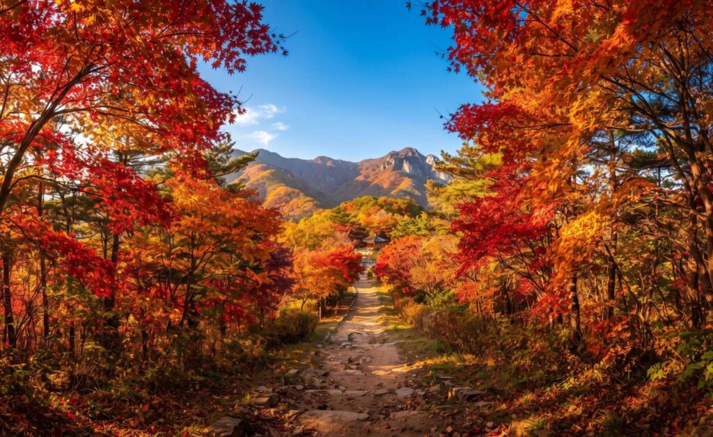 Red and orange maple trees on a mountain trail in Korea in autumn