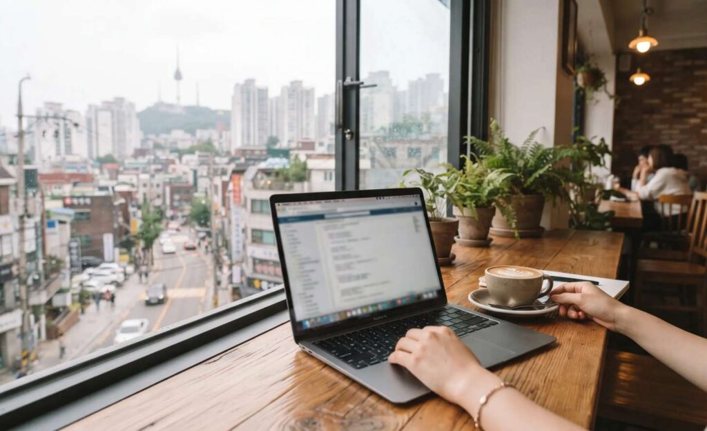A person working on a laptop in a Seoul cafe