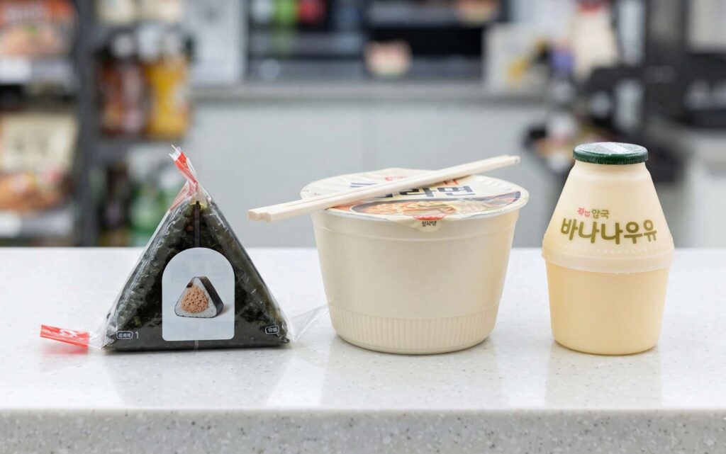 Triangle kimbap and instant ramen on a Korean convenience store shelf