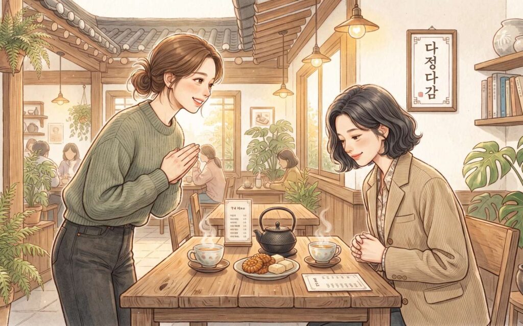 Two people talking politely at a Korean cafe
