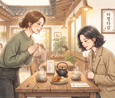 Two people talking politely at a Korean cafe