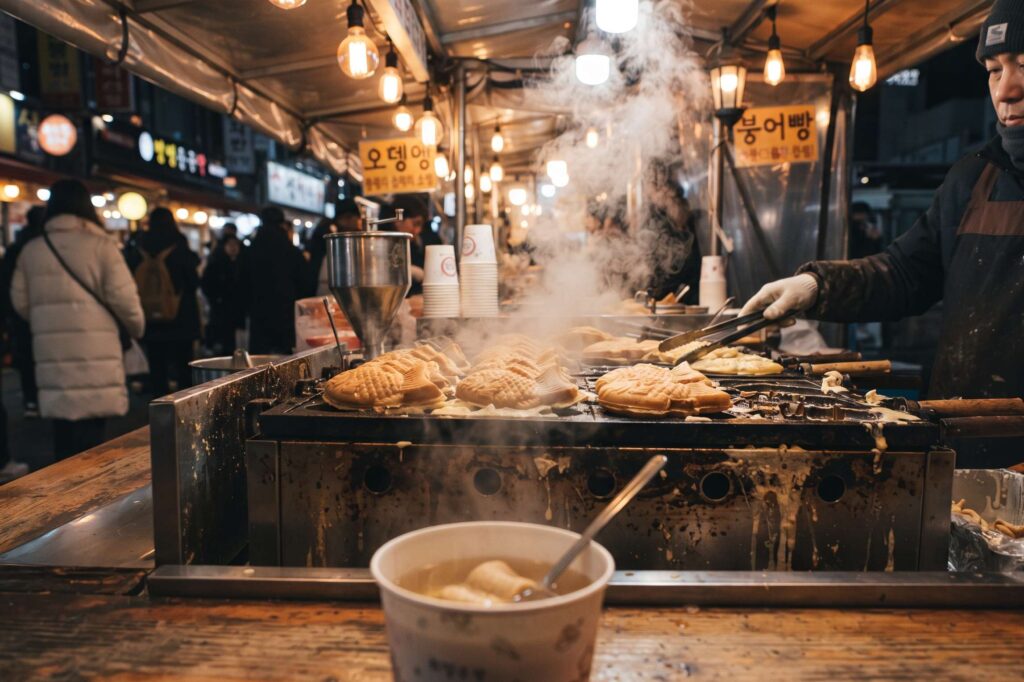 Freshly baked bungeoppang fish-shaped pastries at a Korean street stall