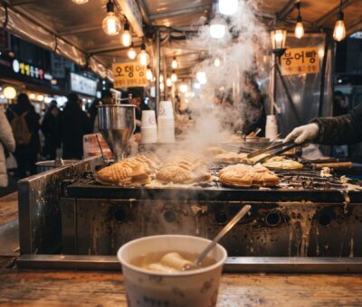 Freshly baked bungeoppang fish-shaped pastries at a Korean street stall