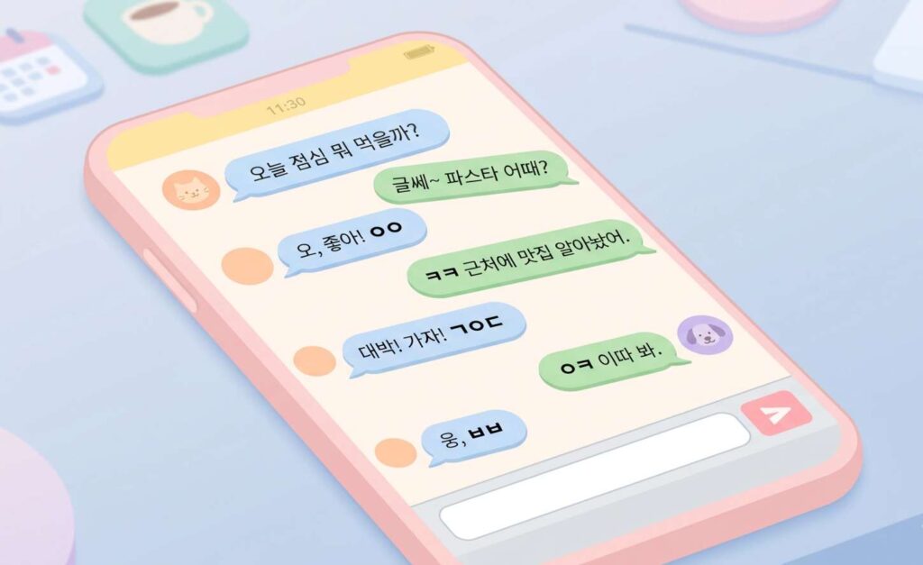 Smartphone showing a Korean chat conversation with abbreviations